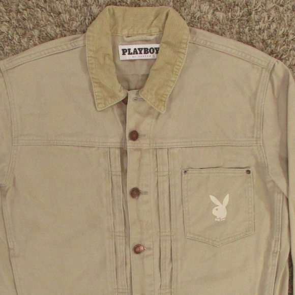 Playboy Jean Jacket Men's Large Beige Trucker Denim Corduroy Collar Button Front - Picture 3 of 9